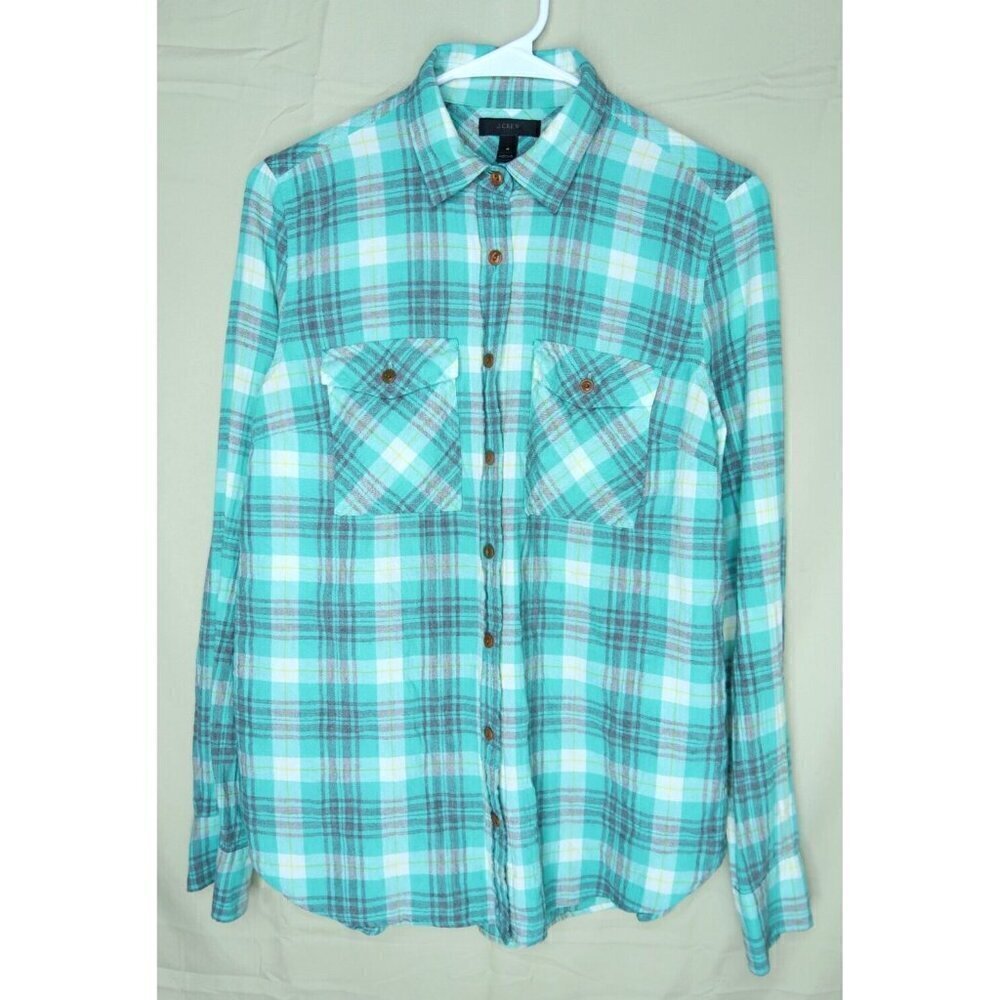 J. Crew Shirt Green Boyfriend Crinkle Plaid Button Front Cotton Women's Size 4